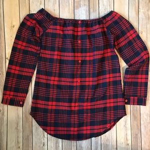 NWOT Red and Blue Plaid Off the Shoulder Top